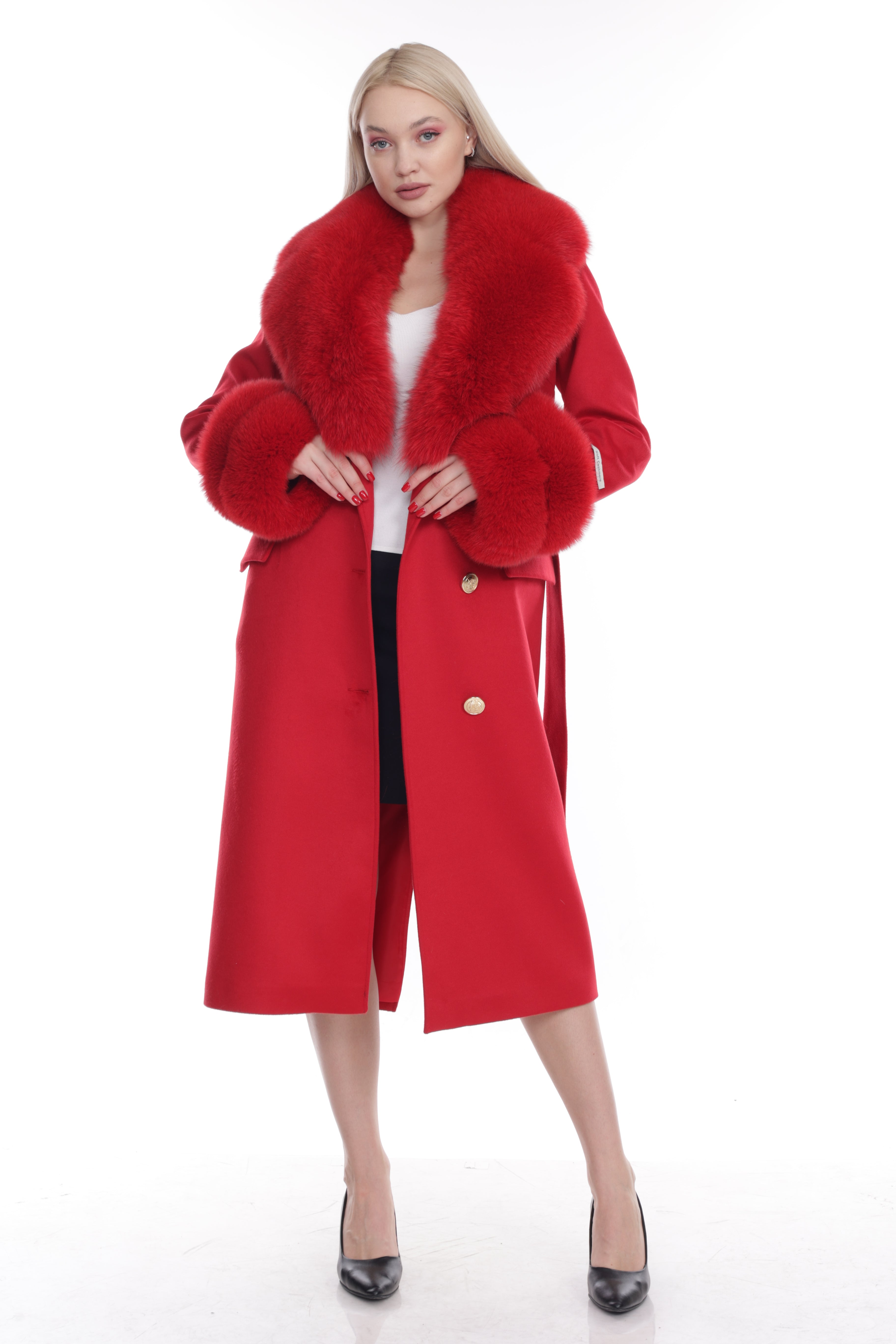 Women's RED Wool Coat with detachable Fox Collar and Cuffs Trimmed Hood Style # K-10