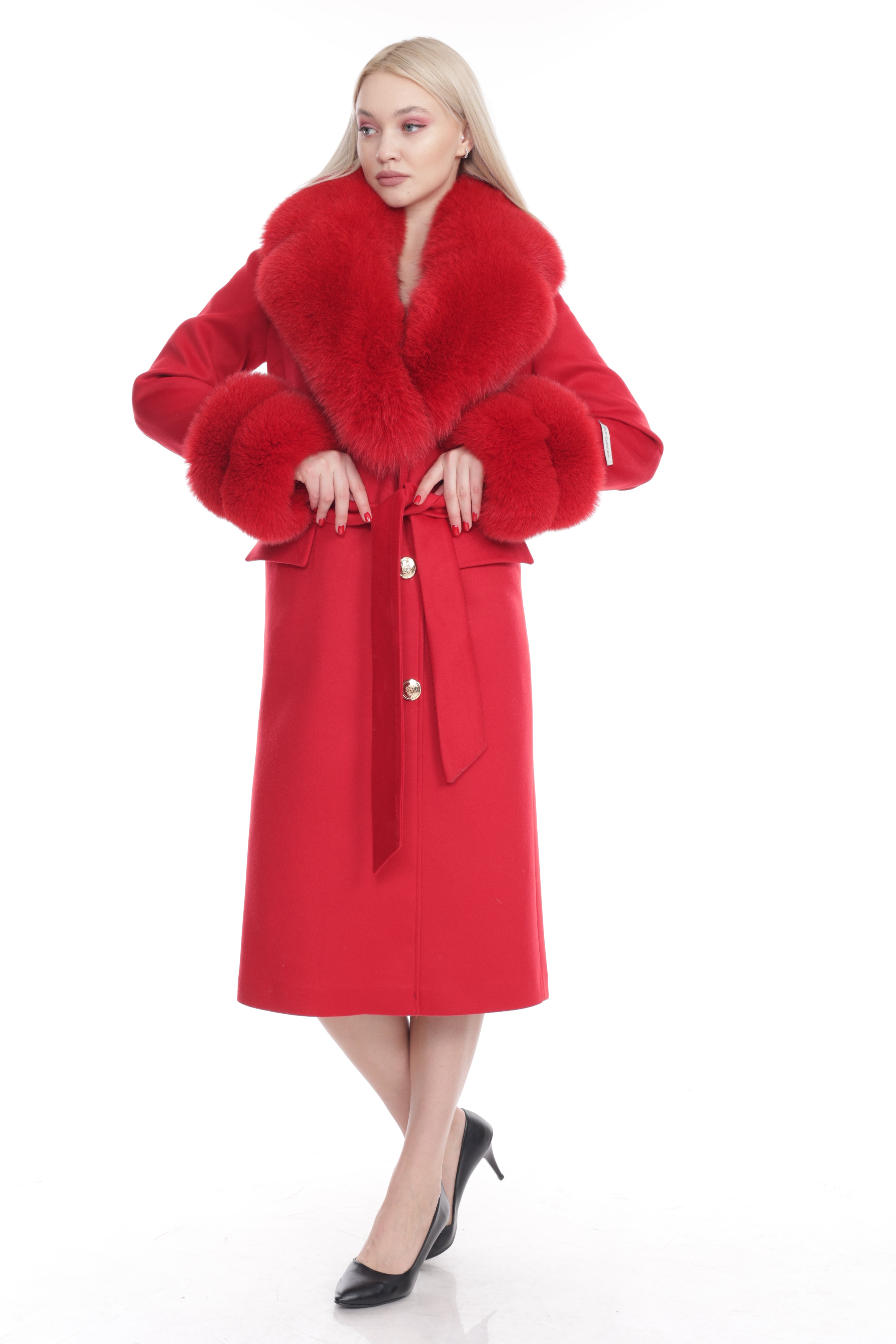 Women's RED Wool Coat with detachable Fox Collar and Cuffs Trimmed Hood Style # K-10