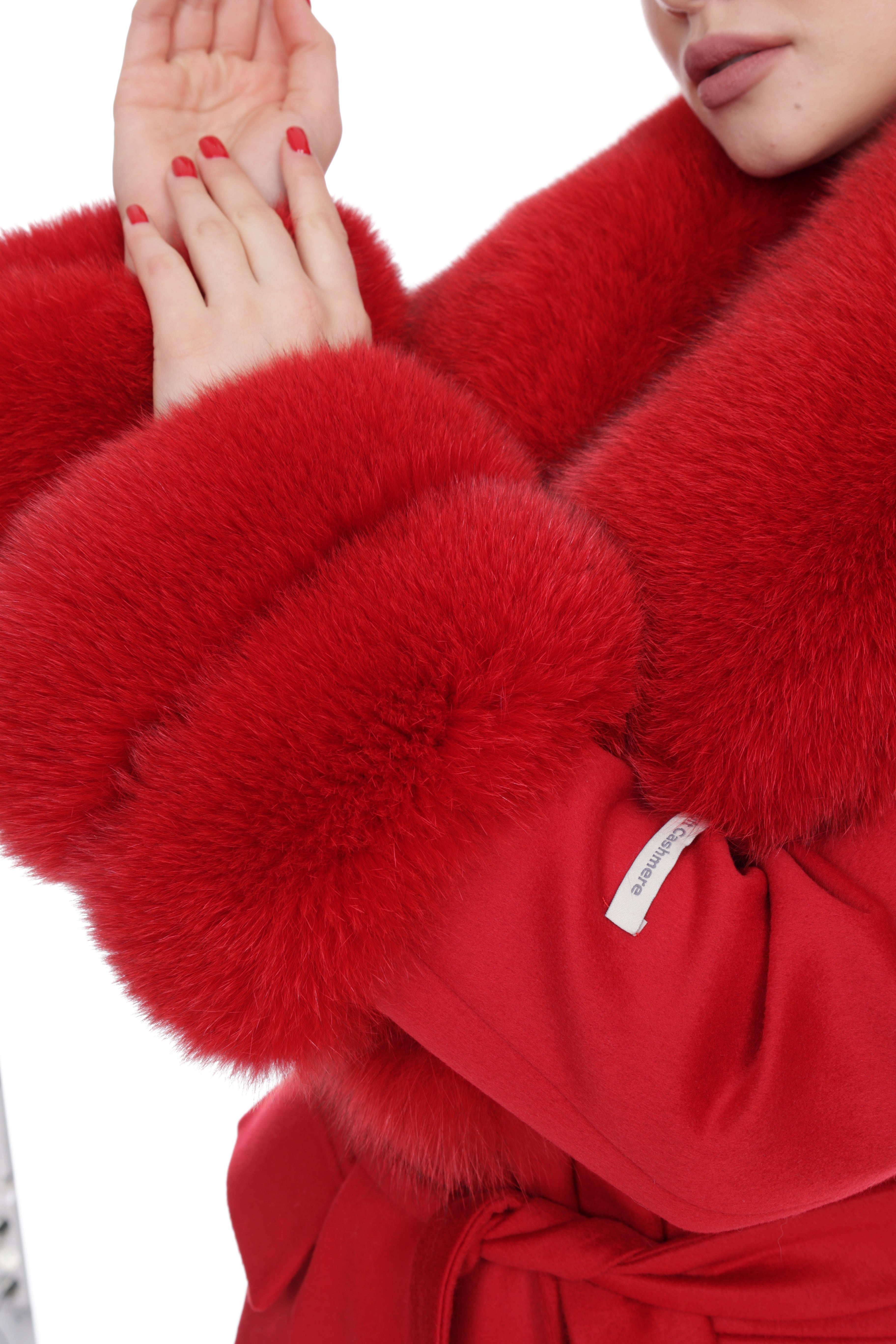 Women's RED Wool Coat with detachable Fox Collar and Cuffs Trimmed Hood Style # K-10