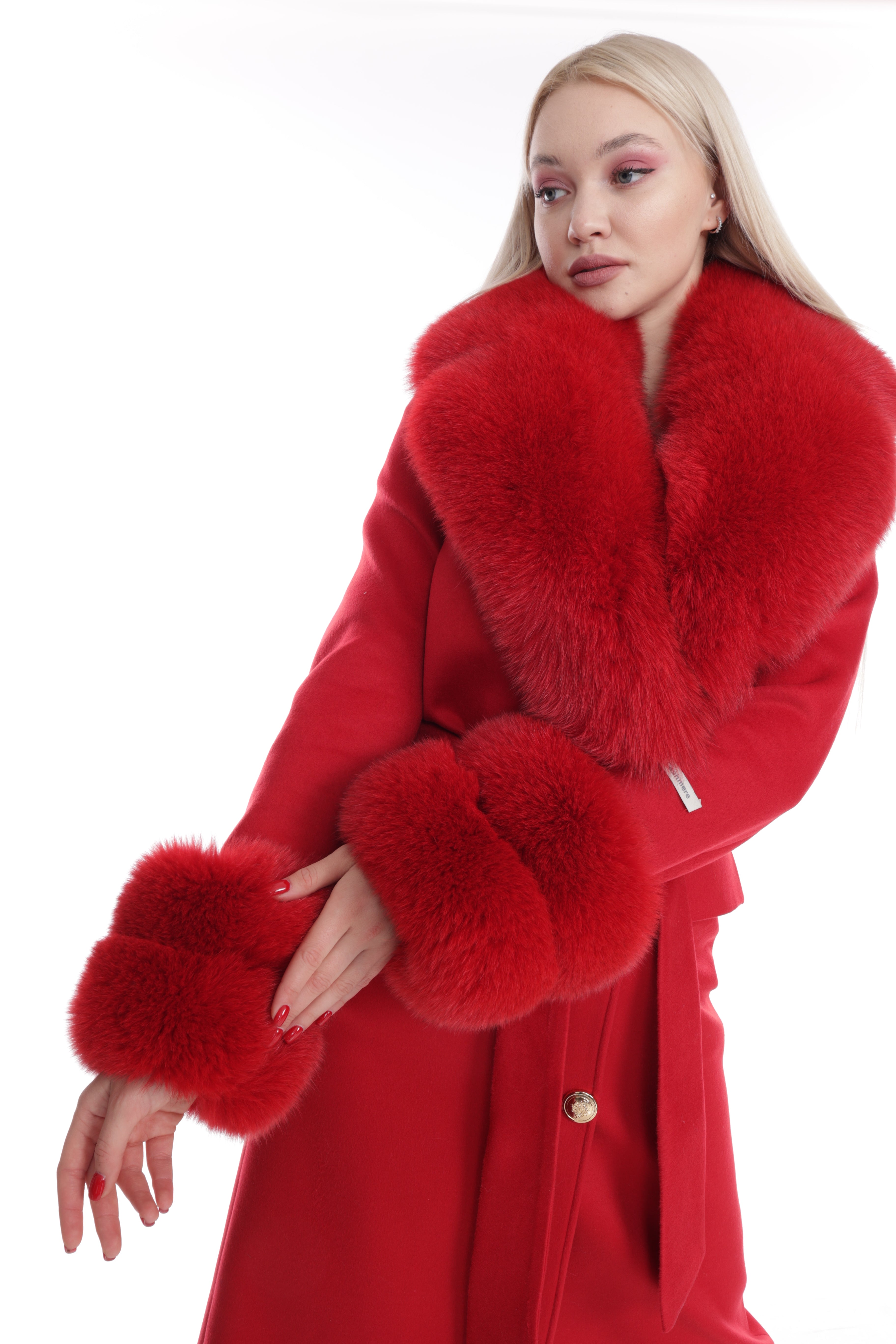 Women's RED Wool Coat with detachable Fox Collar and Cuffs Trimmed Hood Style # K-10