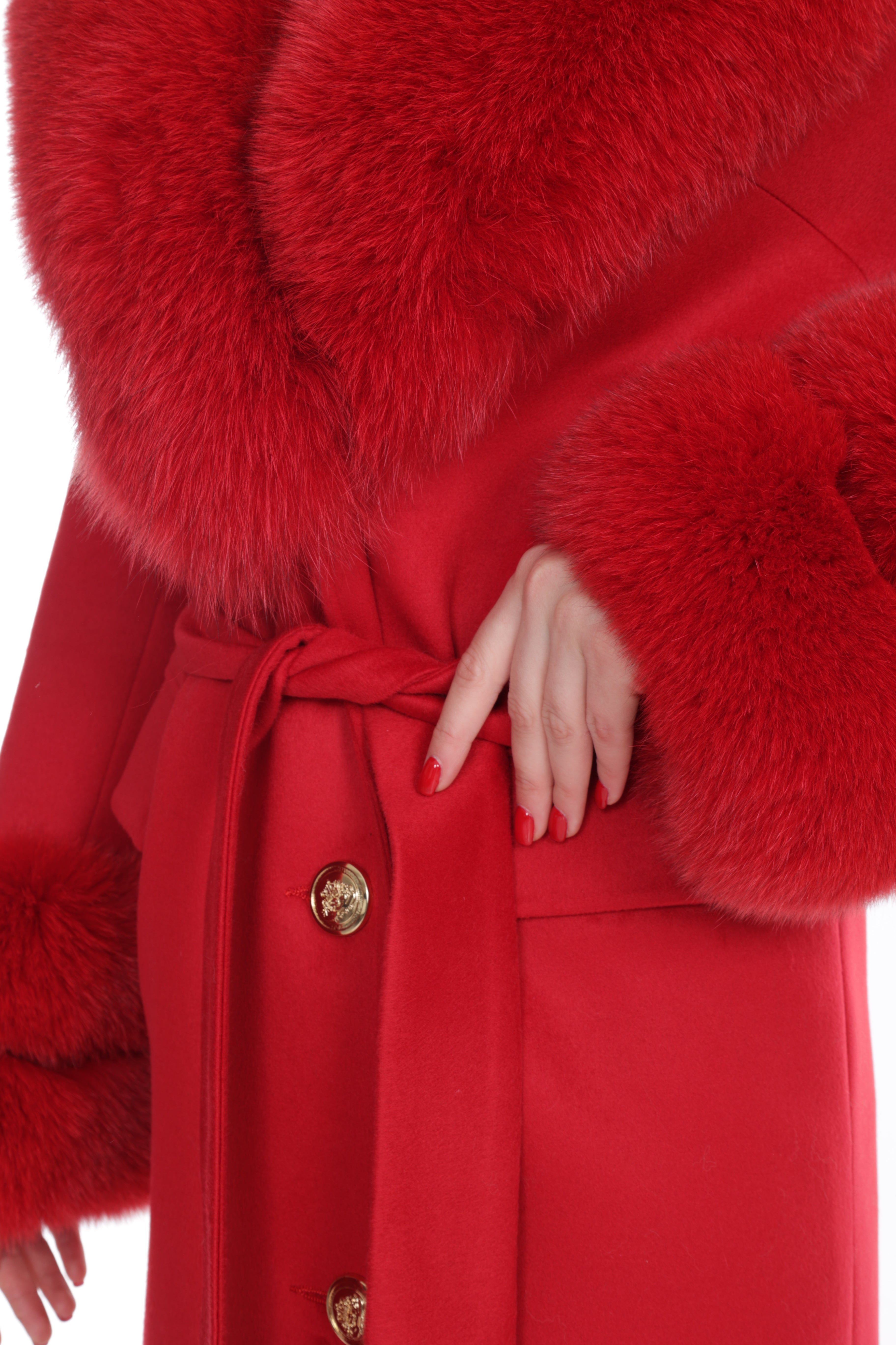 Women's RED Wool Coat with detachable Fox Collar and Cuffs Trimmed Hood Style # K-10