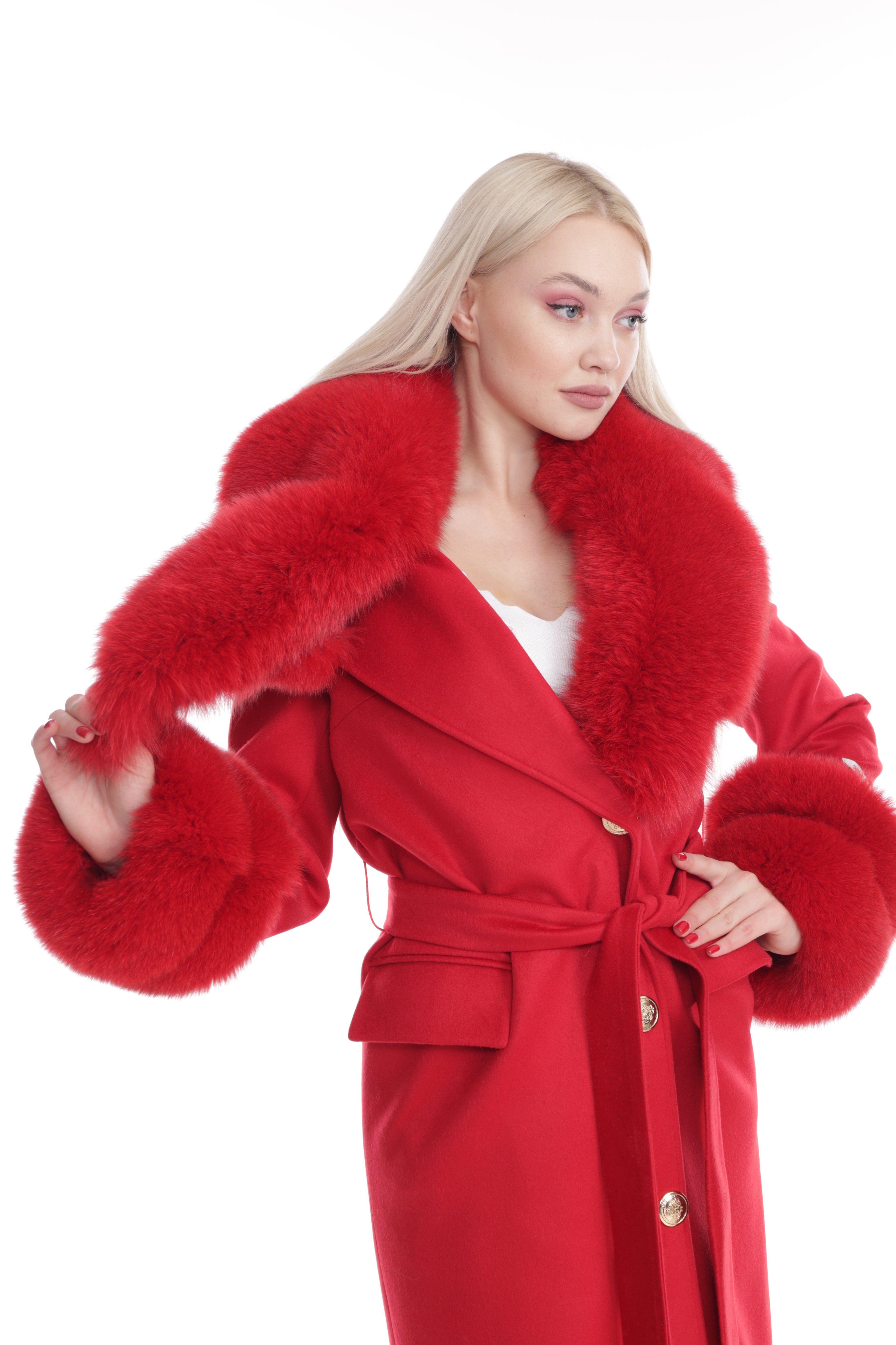 Women's RED Wool Coat with detachable Fox Collar and Cuffs Trimmed Hood Style # K-10