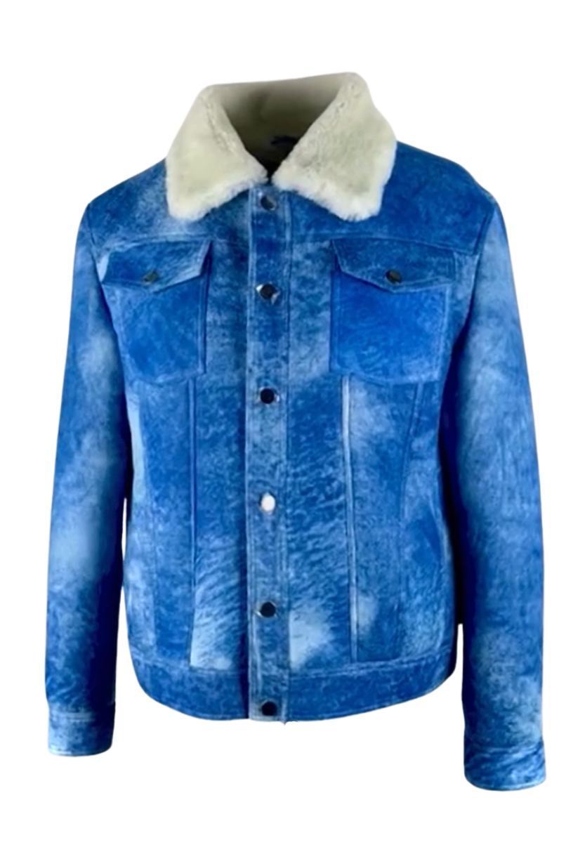Men's Distressed Grey Denim shearling Jacket Style # 2023