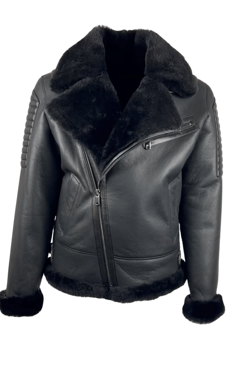 Men's Distressed Beige Biker Shearling Jacket Style # 3113
