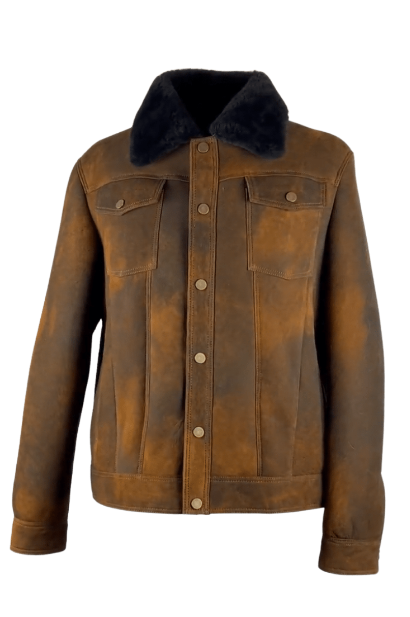 Men's Distressed Grey Denim shearling Jacket Style # 2023