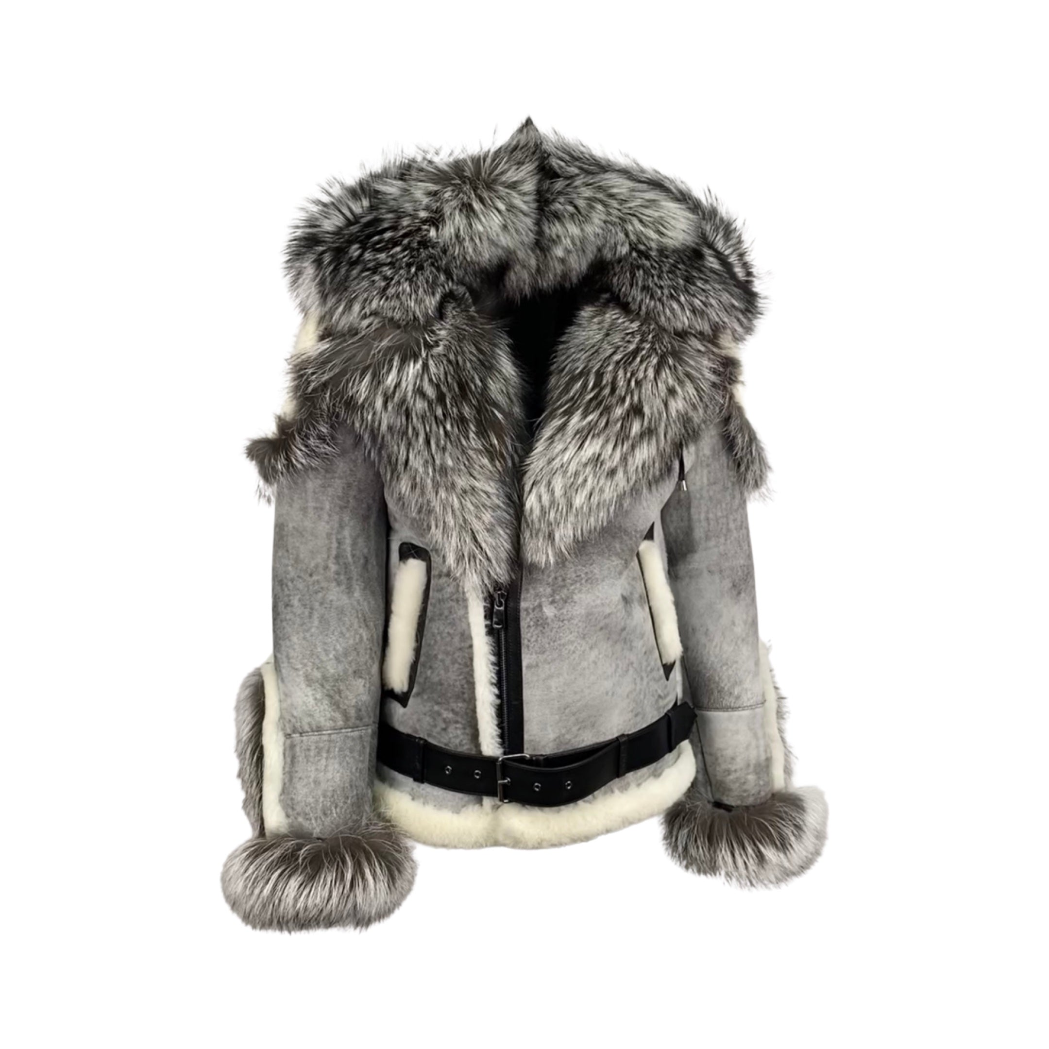 Men's Silver Fox Trimmed Biker Shearling Jacket Style # 3004