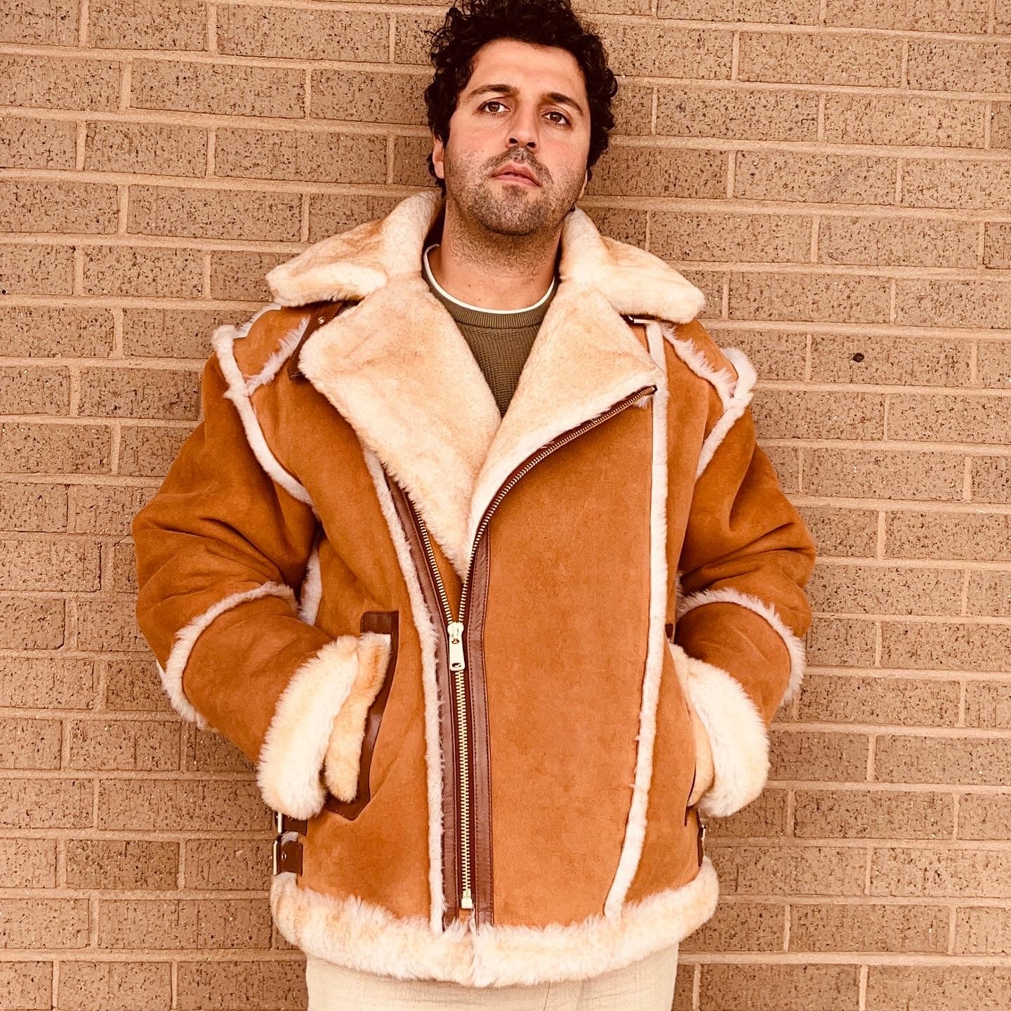 Men's Honey Color Biker Shearling Jacket  # 4034