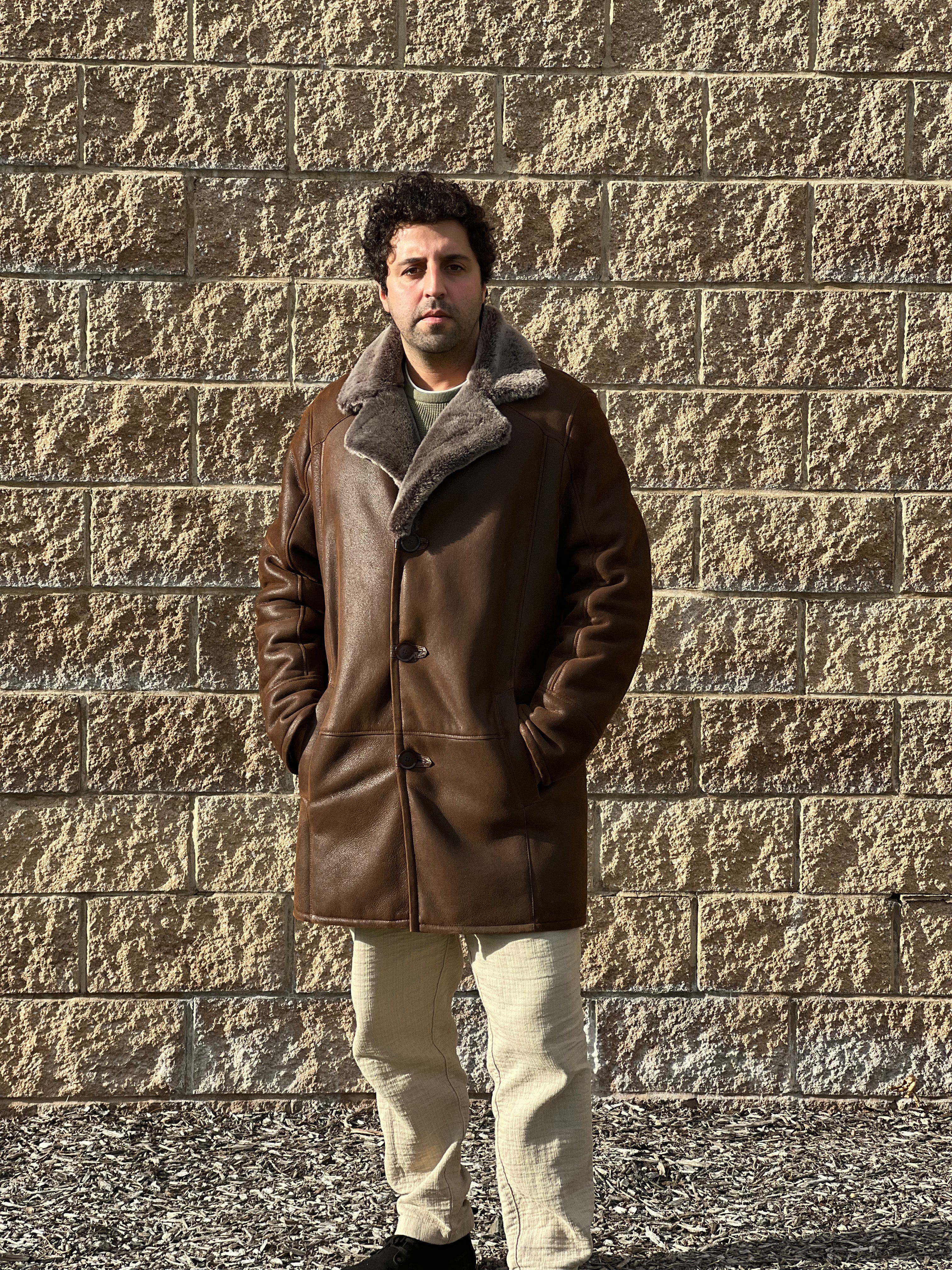 Men's Merino Shearling Whiskey Trench Coat  # EK-105