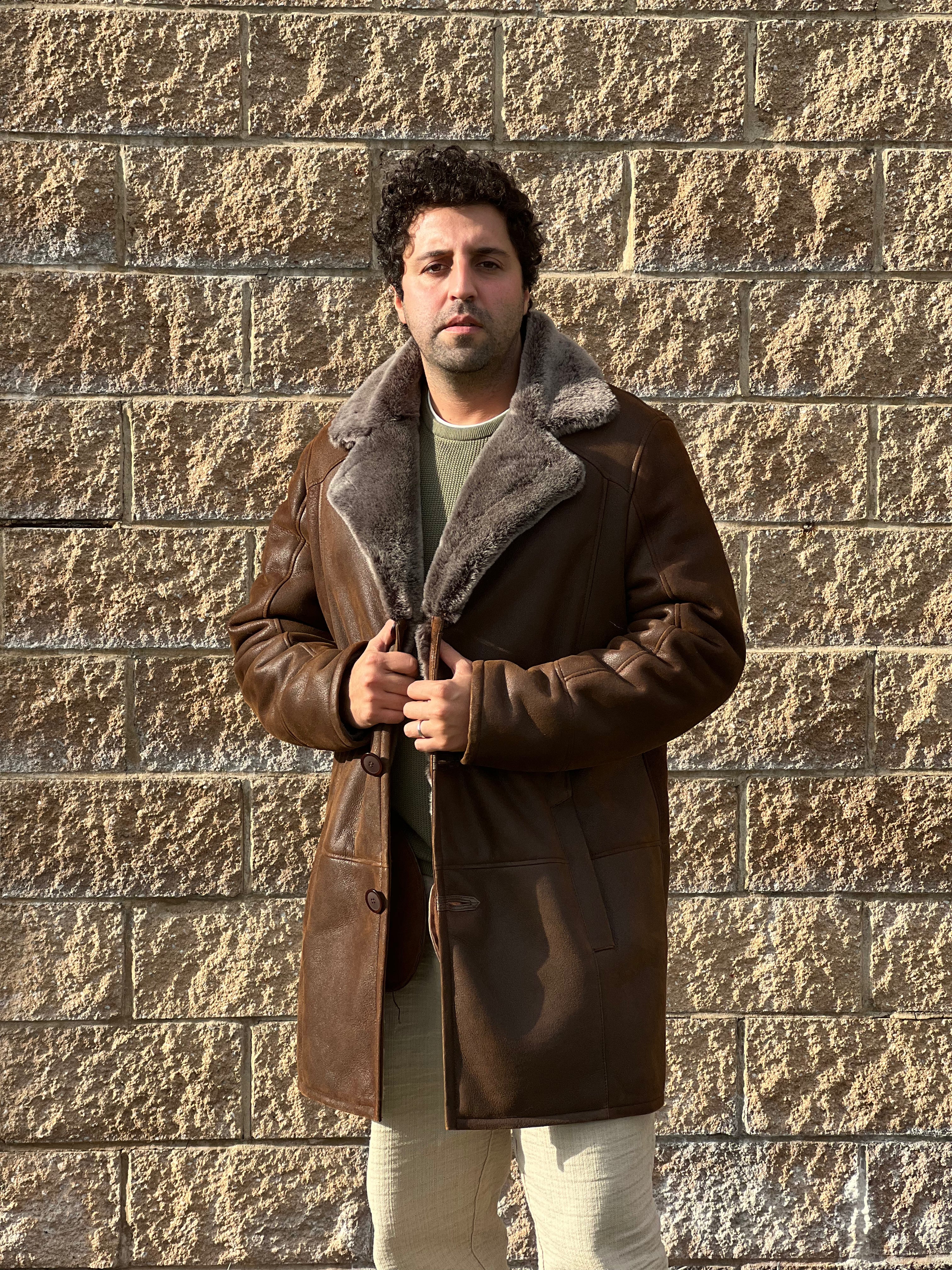 Men's Merino Shearling Whiskey Trench Coat  # EK-105