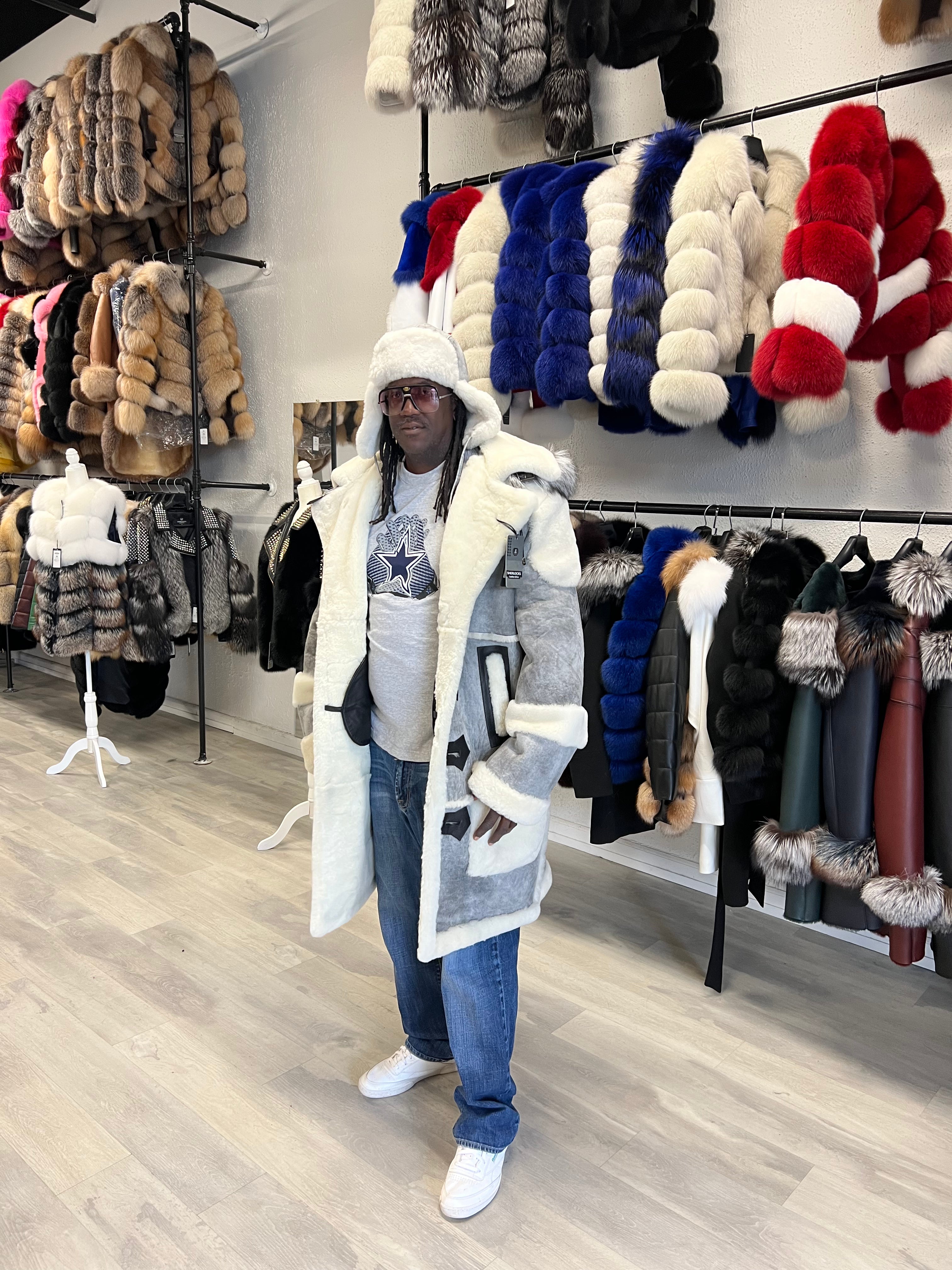 Men's Distressed White Hooded Sheepskin Coat Style # 8030