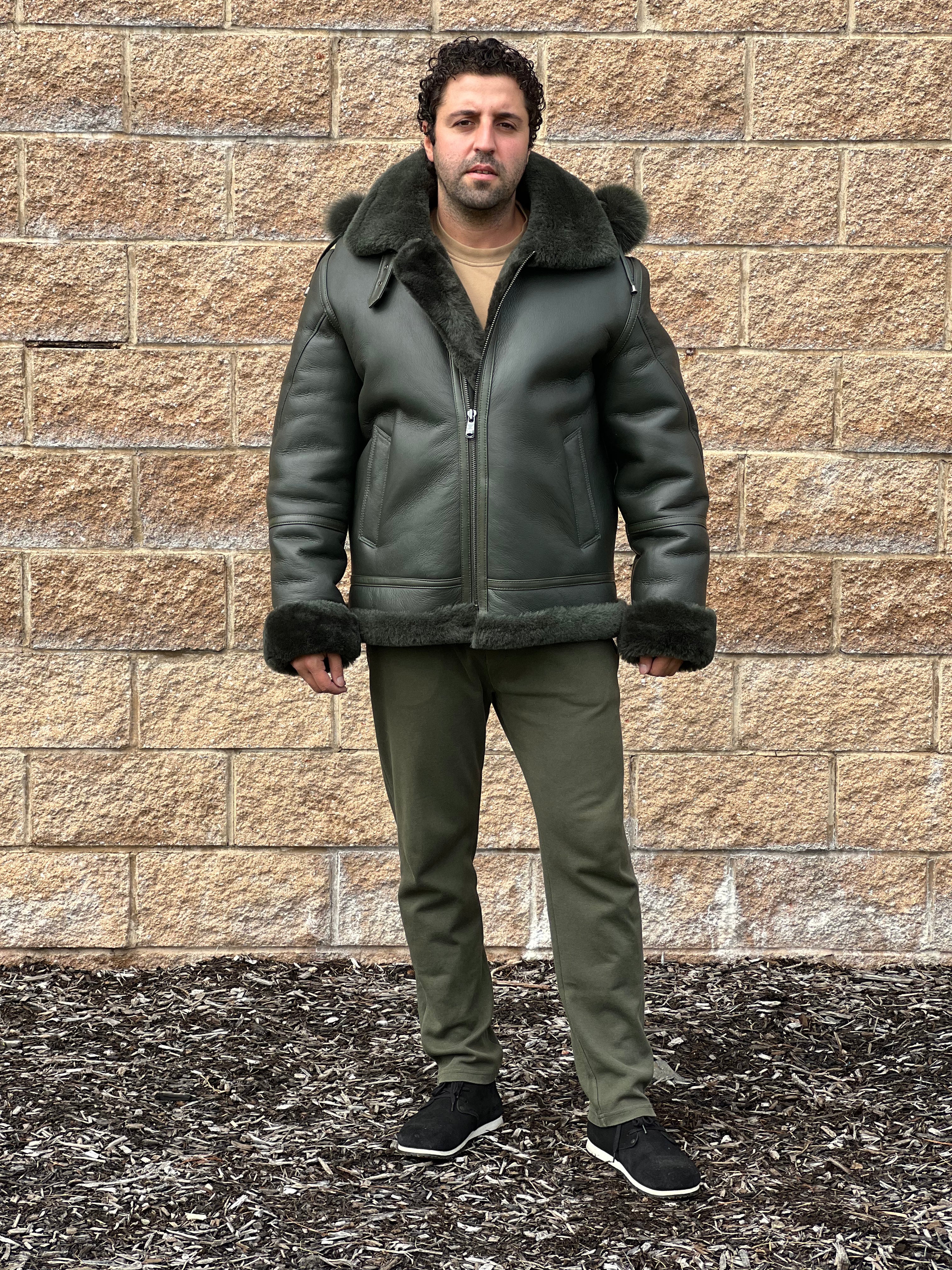 Men's B3 Green Shearling Bomber Jacket  # 3102
