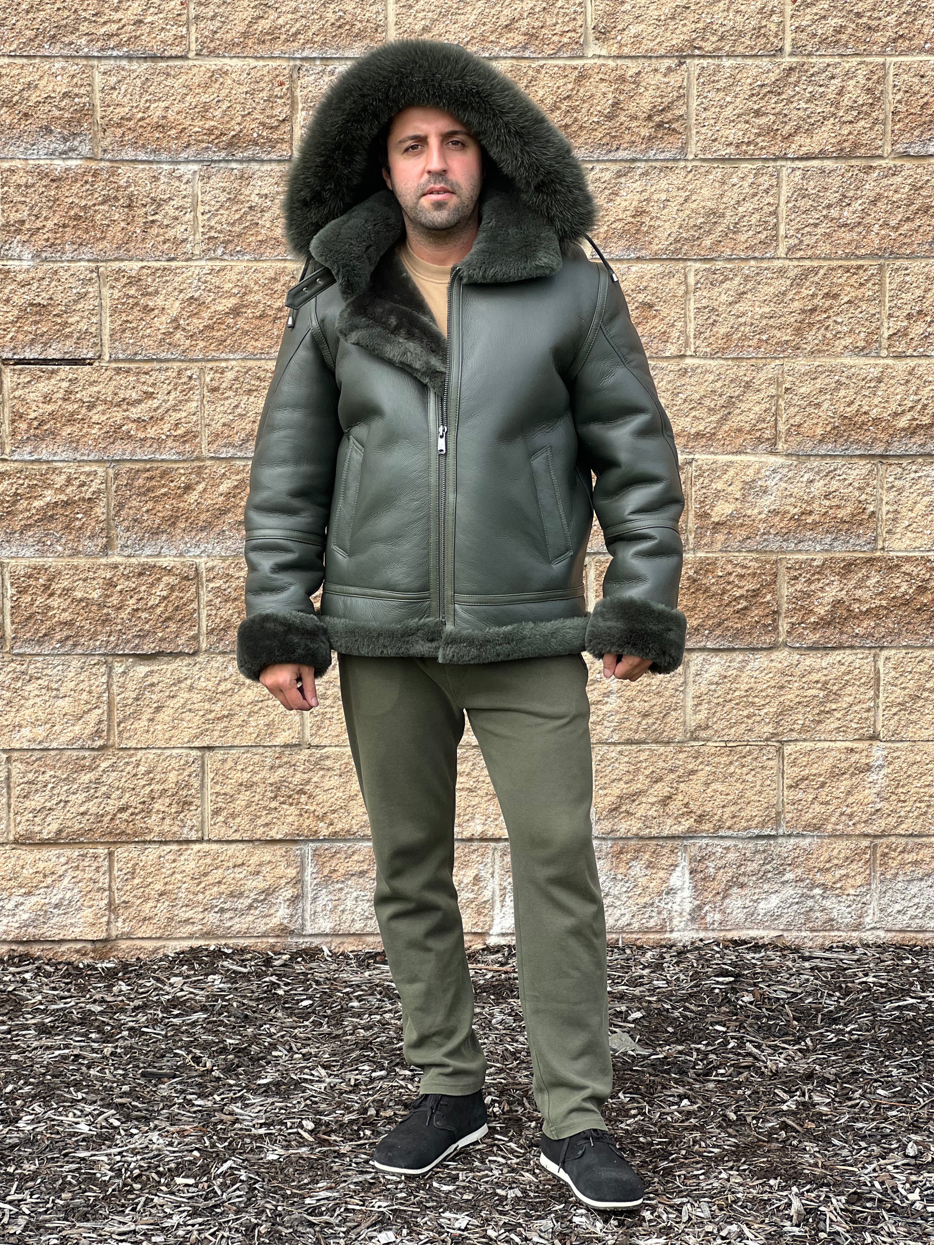 Men's B3 Green Shearling Bomber Jacket  # 3102
