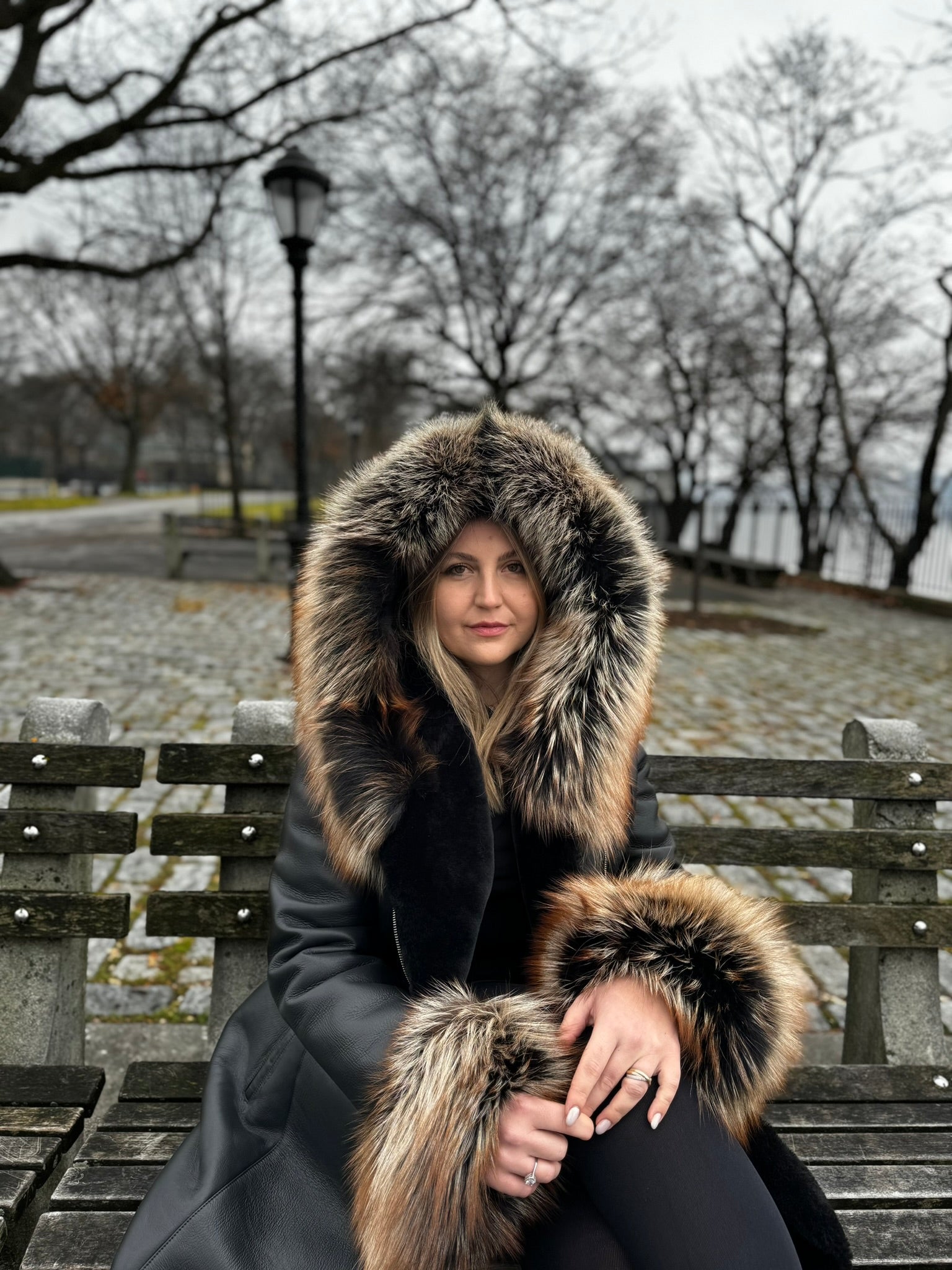 Black Shearling Coat with Silver Fox Trim Style# 3100