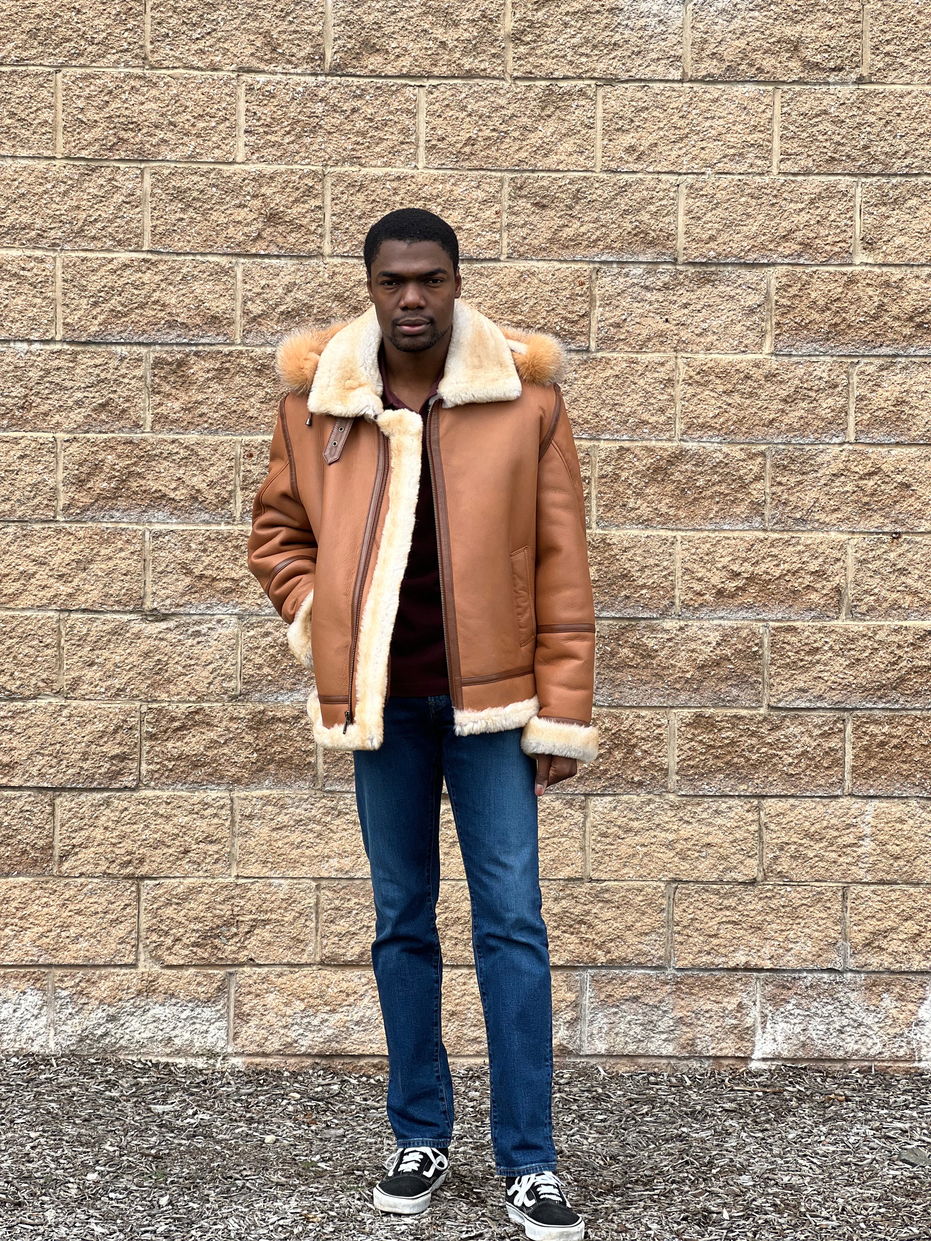 Men's B3 Tan color Shearling Bomber Jacket  # 3102
