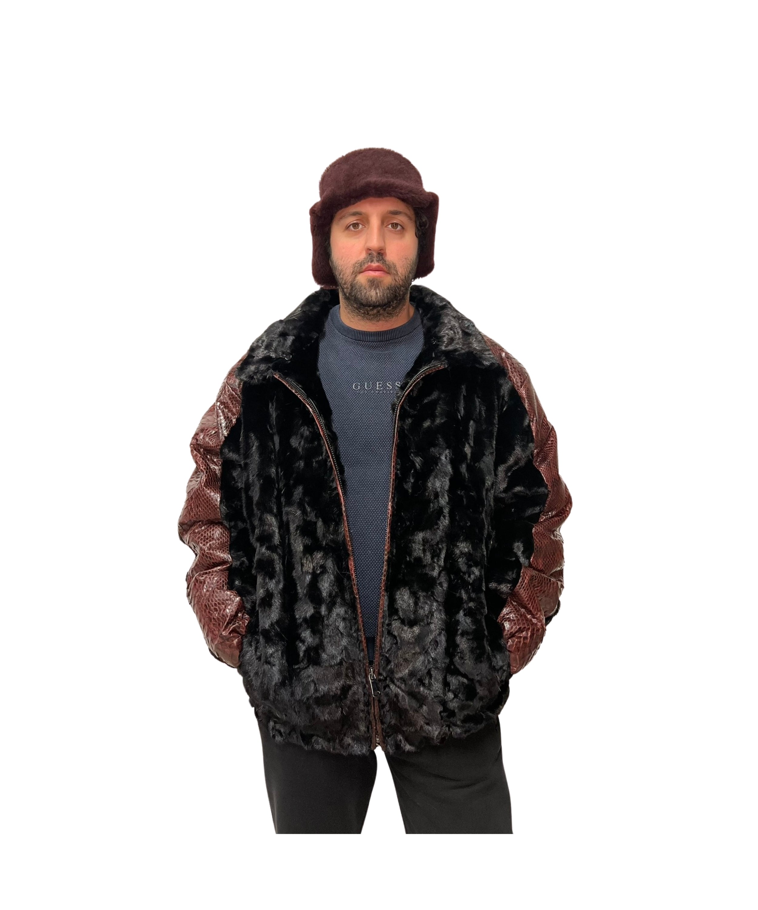 Men's Mink  Section Bomber Jacket with Detachable  Fox Collar Style # Z -7361
