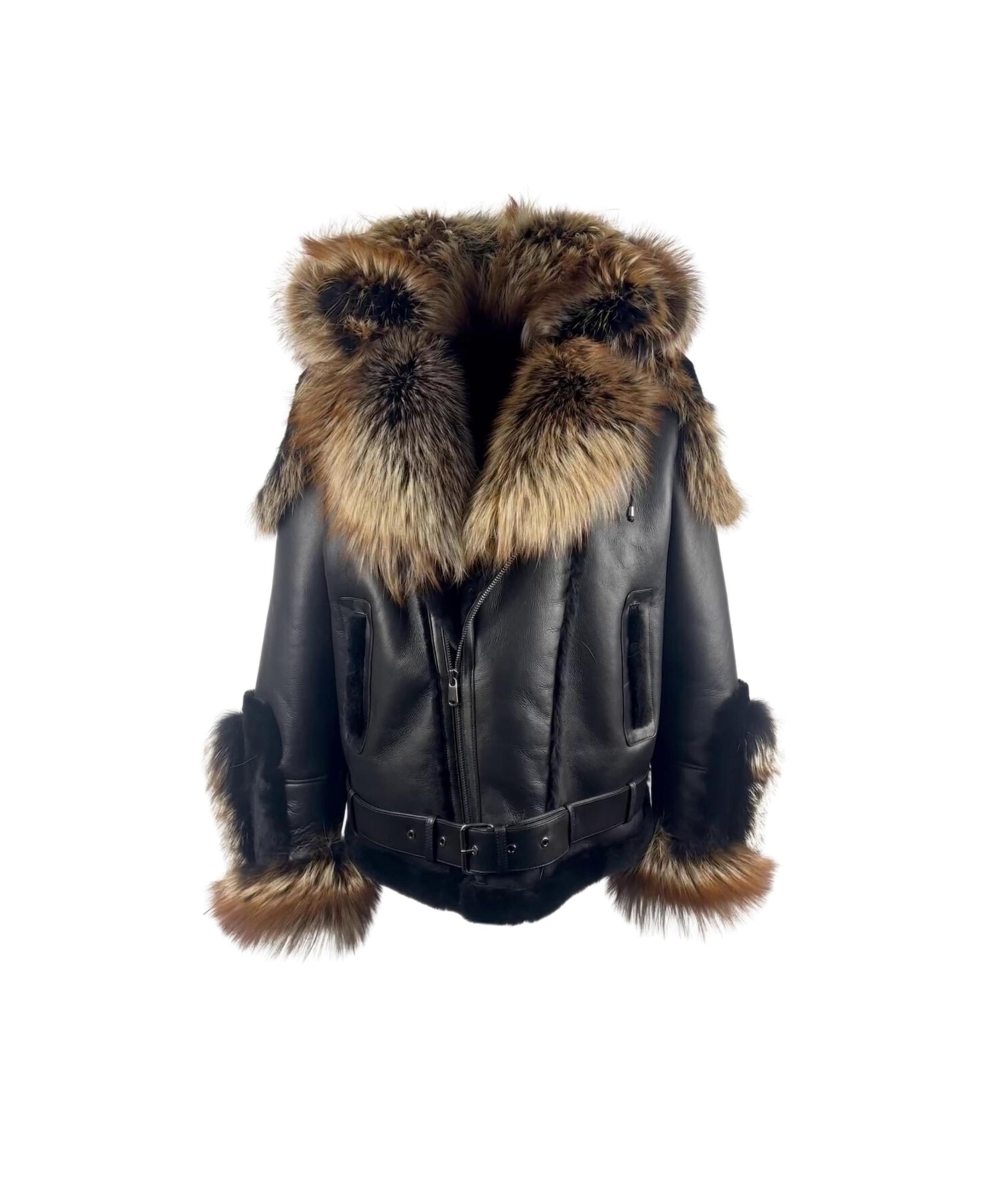 Men's Crystal  Fox Fur Trimmed Black Biker Shearling Jacket Style # 3004