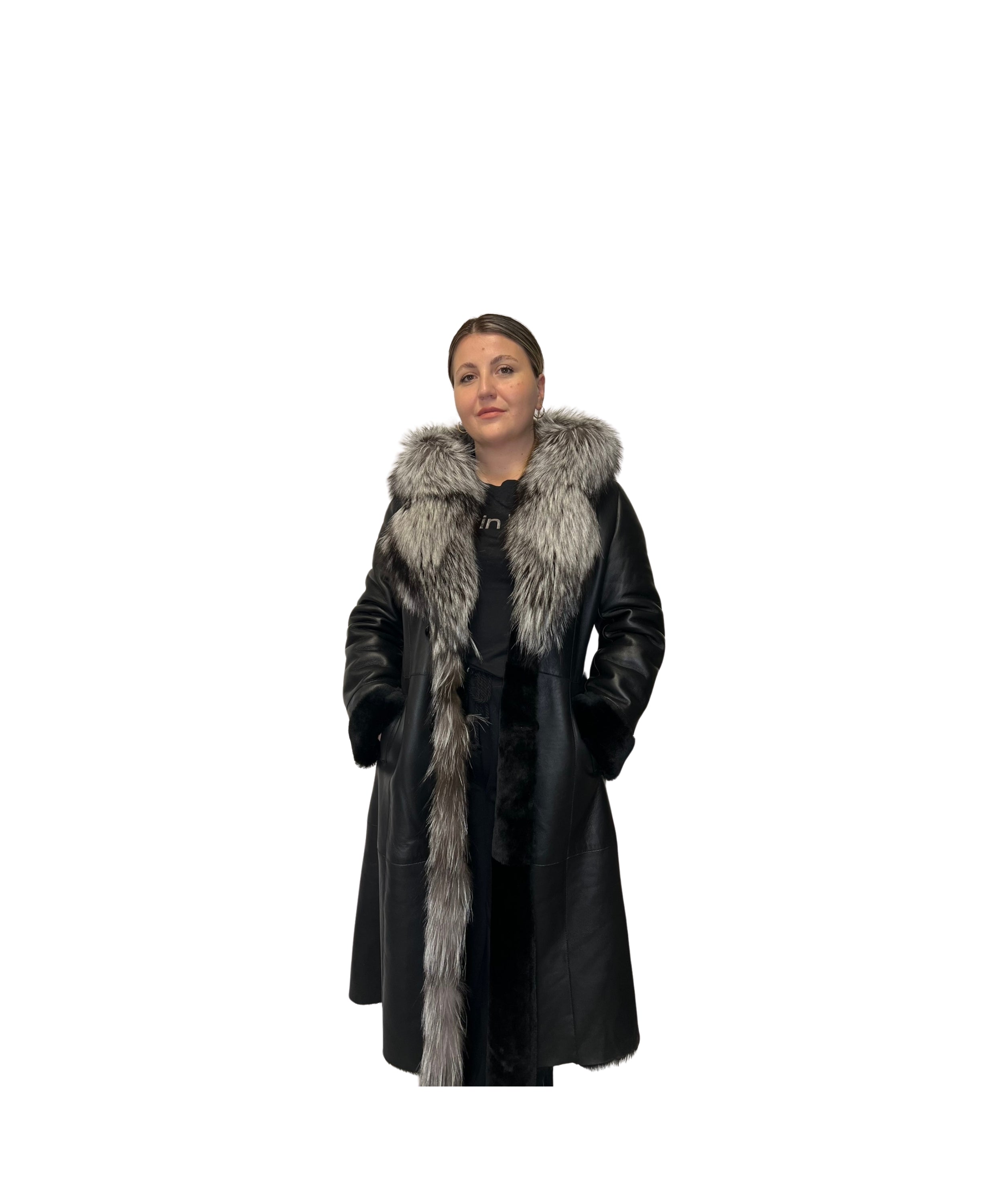 Black Shearling Long Coat with Silver Fox Trim Style