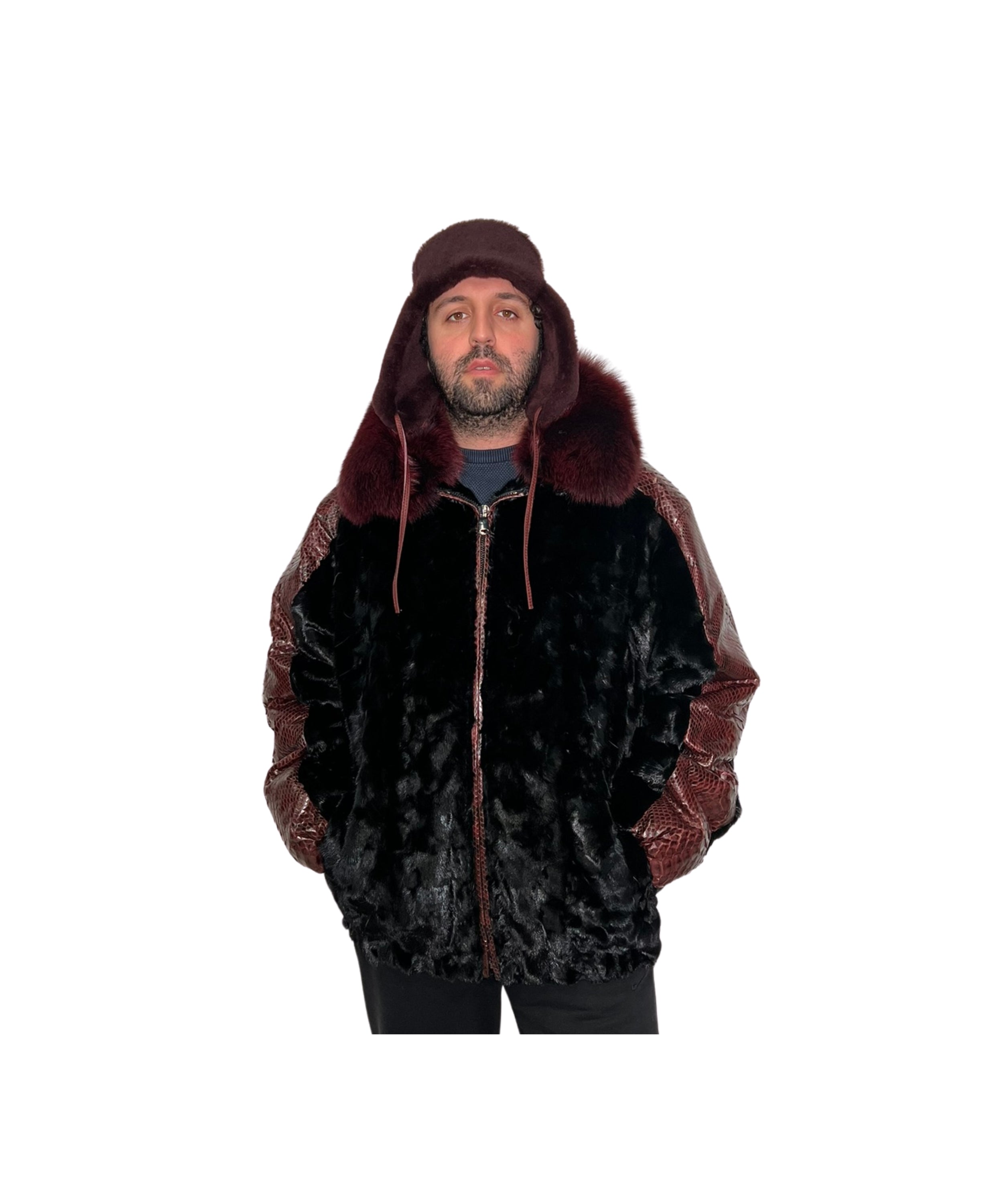 Men's Mink  Section Bomber Jacket with Detachable  Fox Collar Style # Z -7361