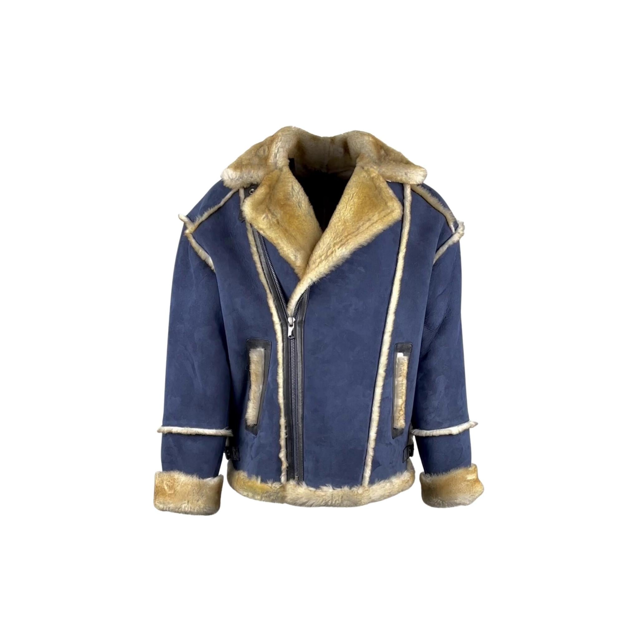 Men's Navy / Golden Shearling Biker Jacket Style # 4034