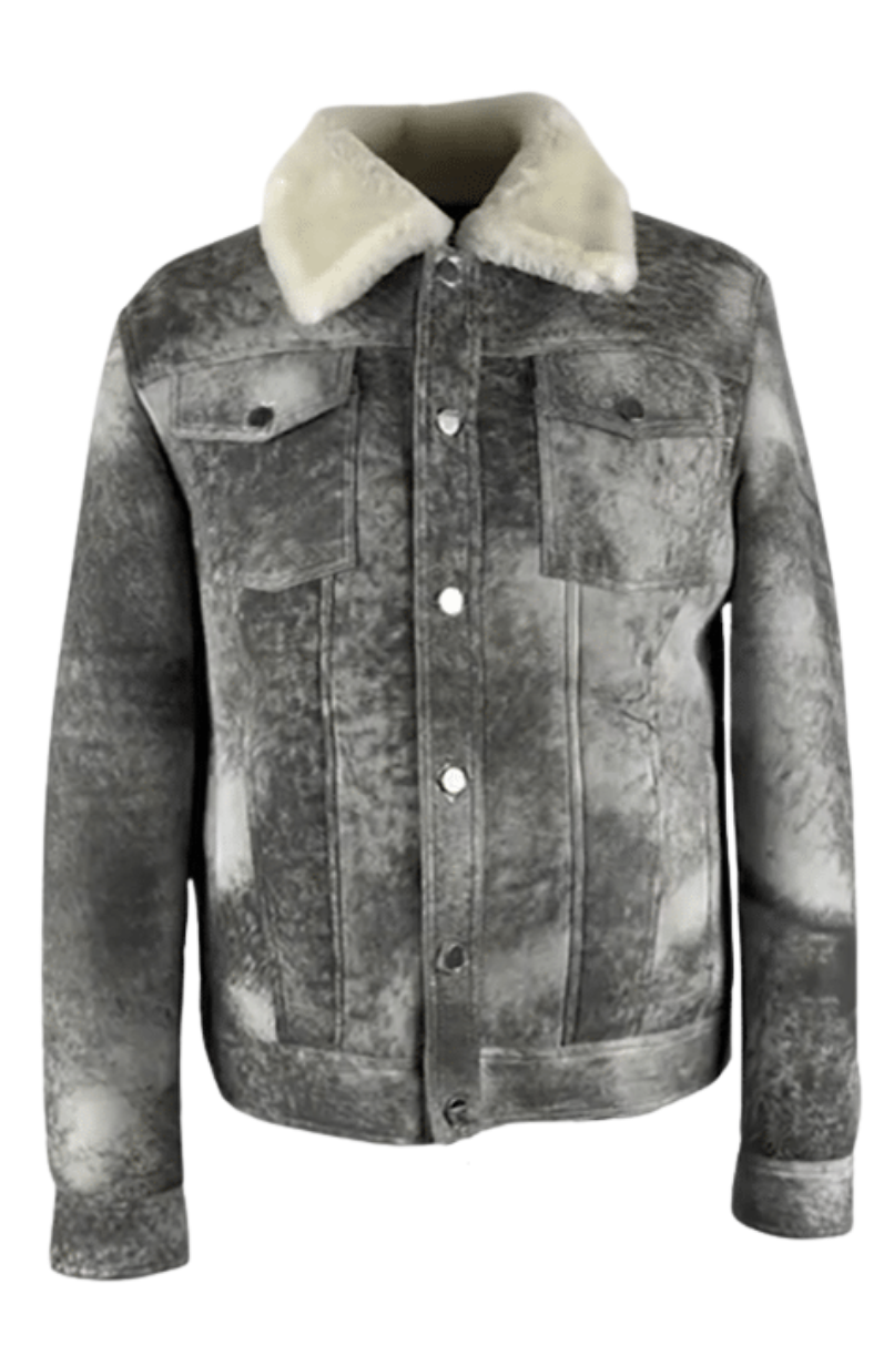 Men's Distressed Grey Denim shearling Jacket Style # 2023