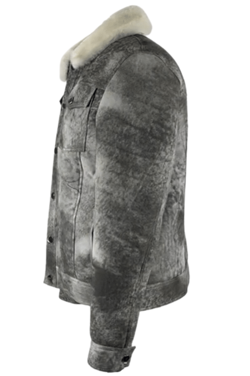 Men's Distressed Grey Denim shearling Jacket Style # 2023