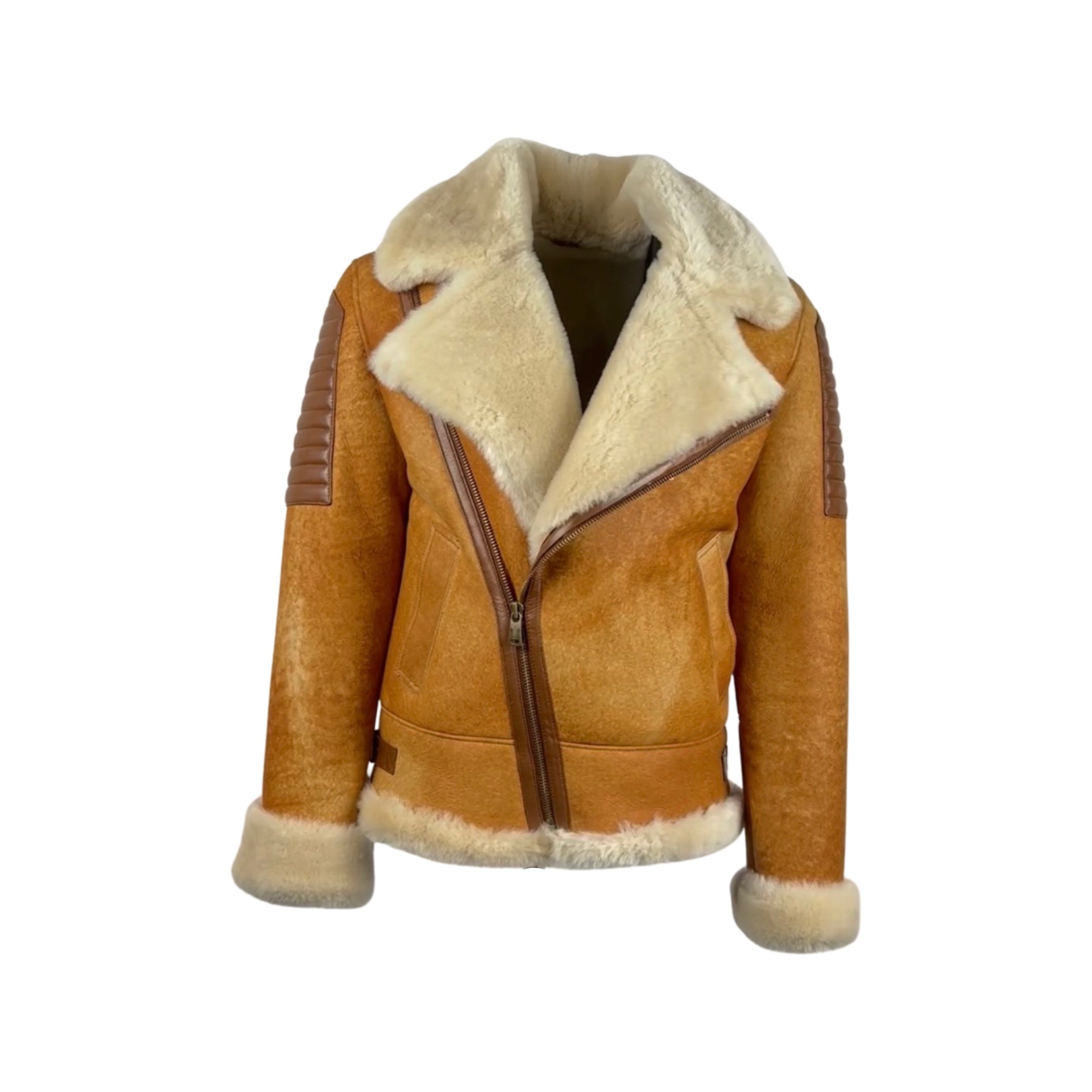 Men's Distressed Beige Biker Shearling Jacket Style # 3113