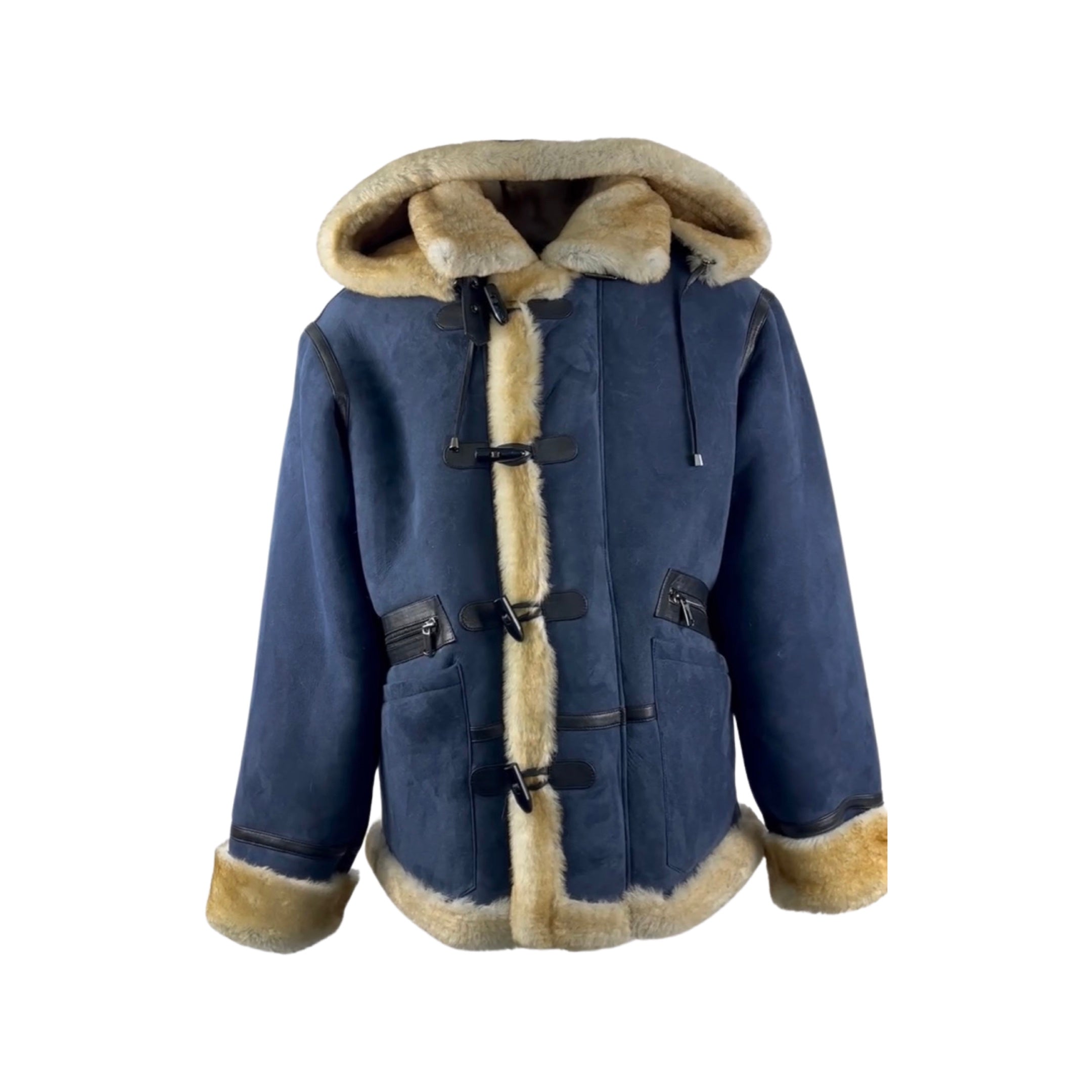 Men's Navy Tipping Hooded Shearling Pilot Jacket Style # 4023