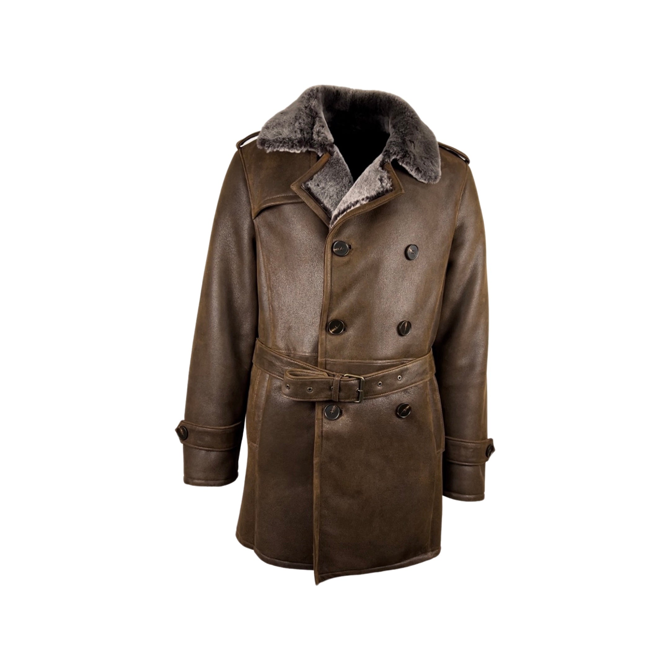 Men's Merino shearling Whiskey Color Trench Coat  Style # 4036