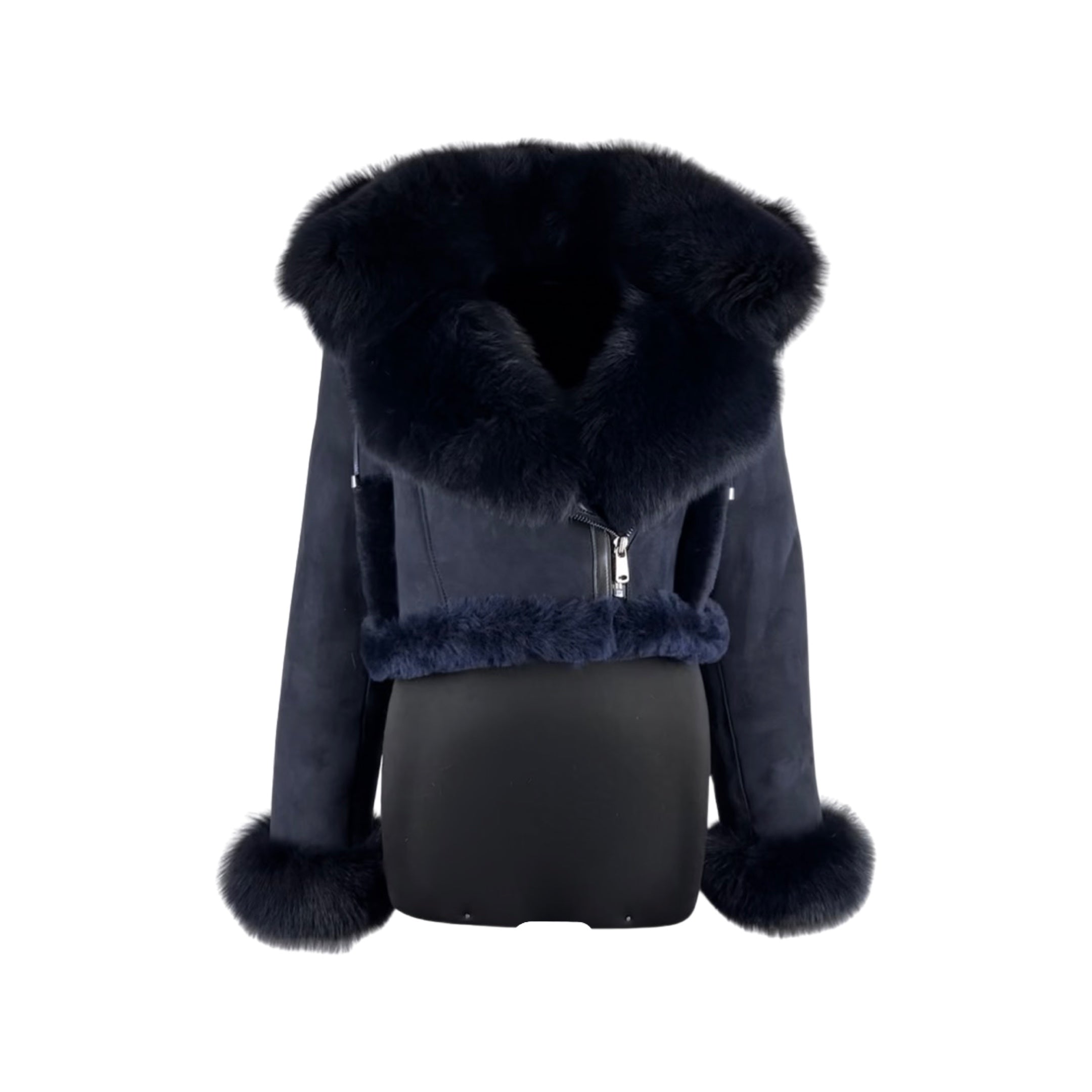 Navy Women's  Crop Shearling Jacket with White Fox Trim  Style # 5005