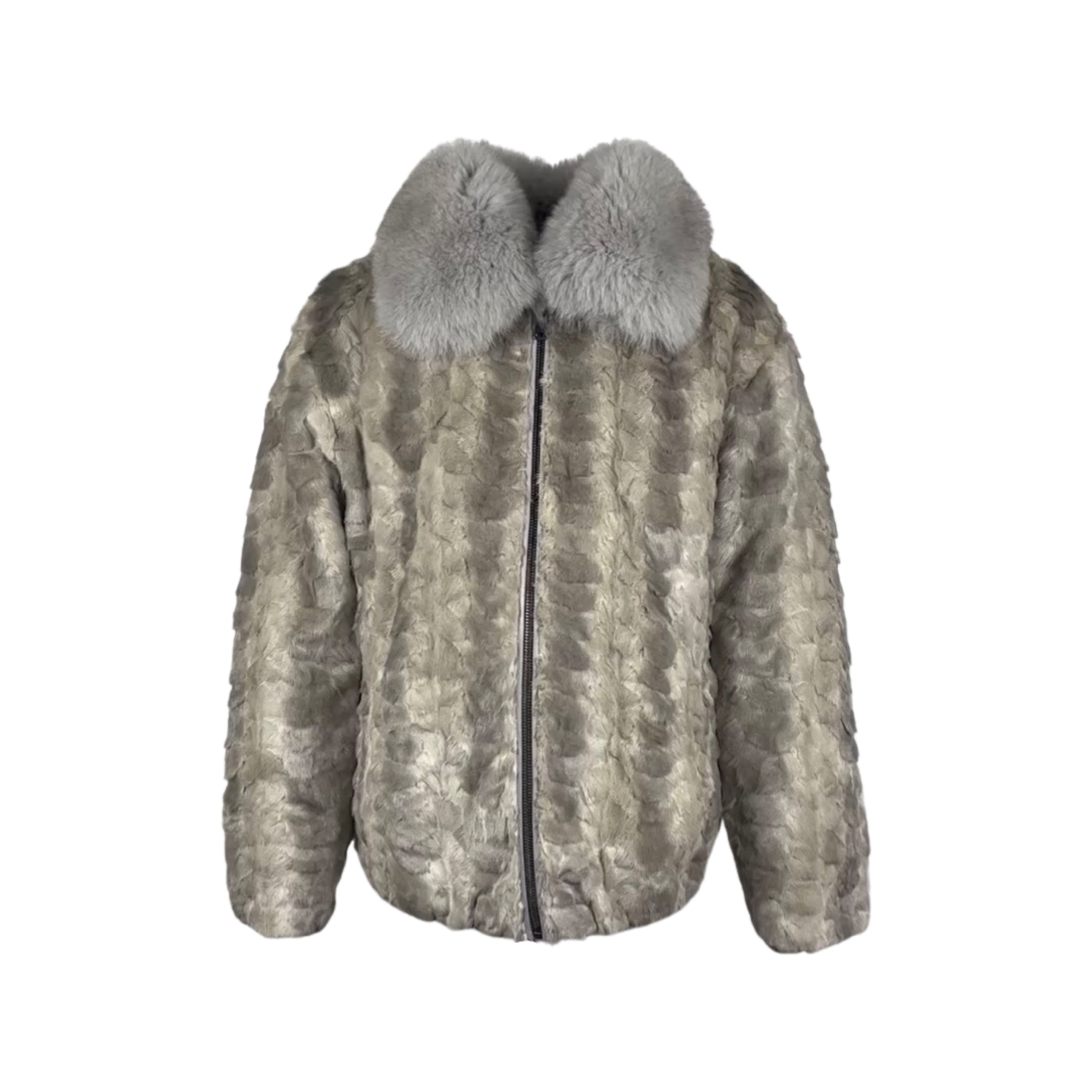 Men's Cross Mink Section Grey Bomber Jacket with Fox Collar Style #7361