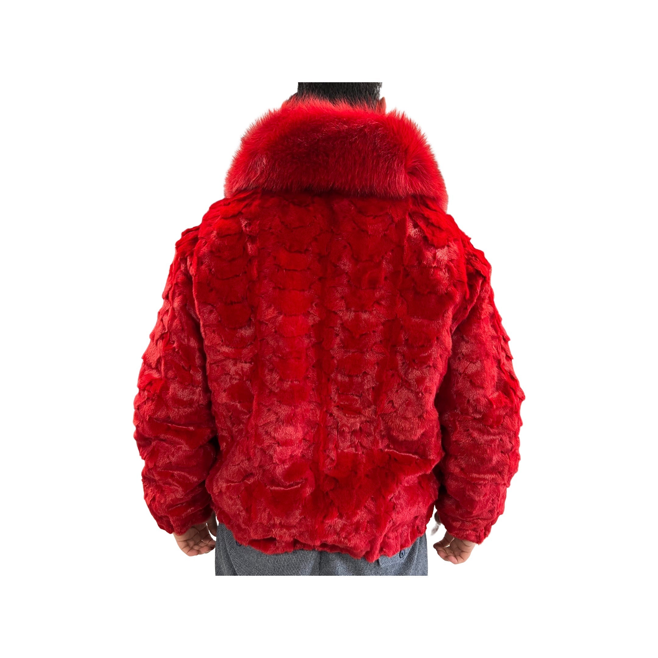 Men's RED Mink Section Bomber Jacket with Fox Collar Style #7361