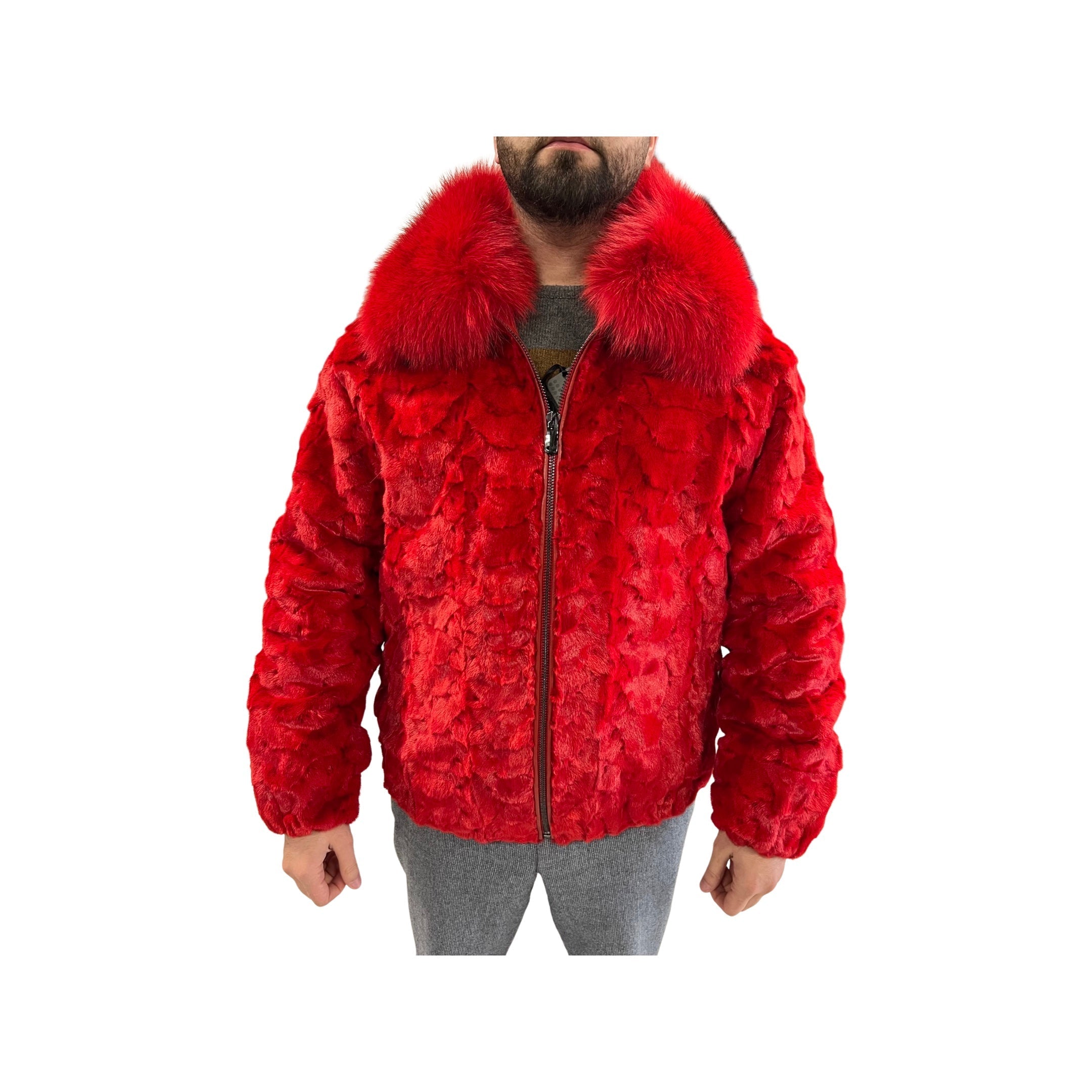 Men's RED Mink Section Bomber Jacket with Fox Collar Style #7361