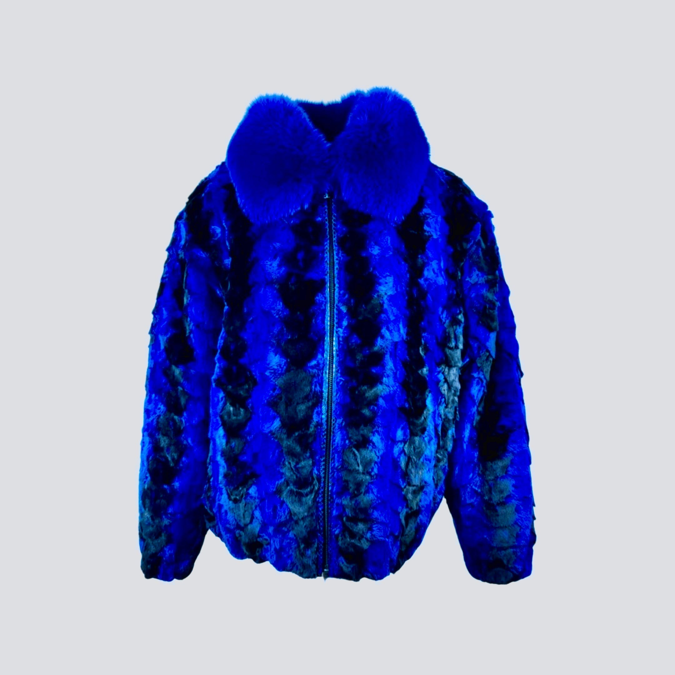 Men's Mink Section Royal Blue / Black Bomber Jacket with Fox Collar Style #7361