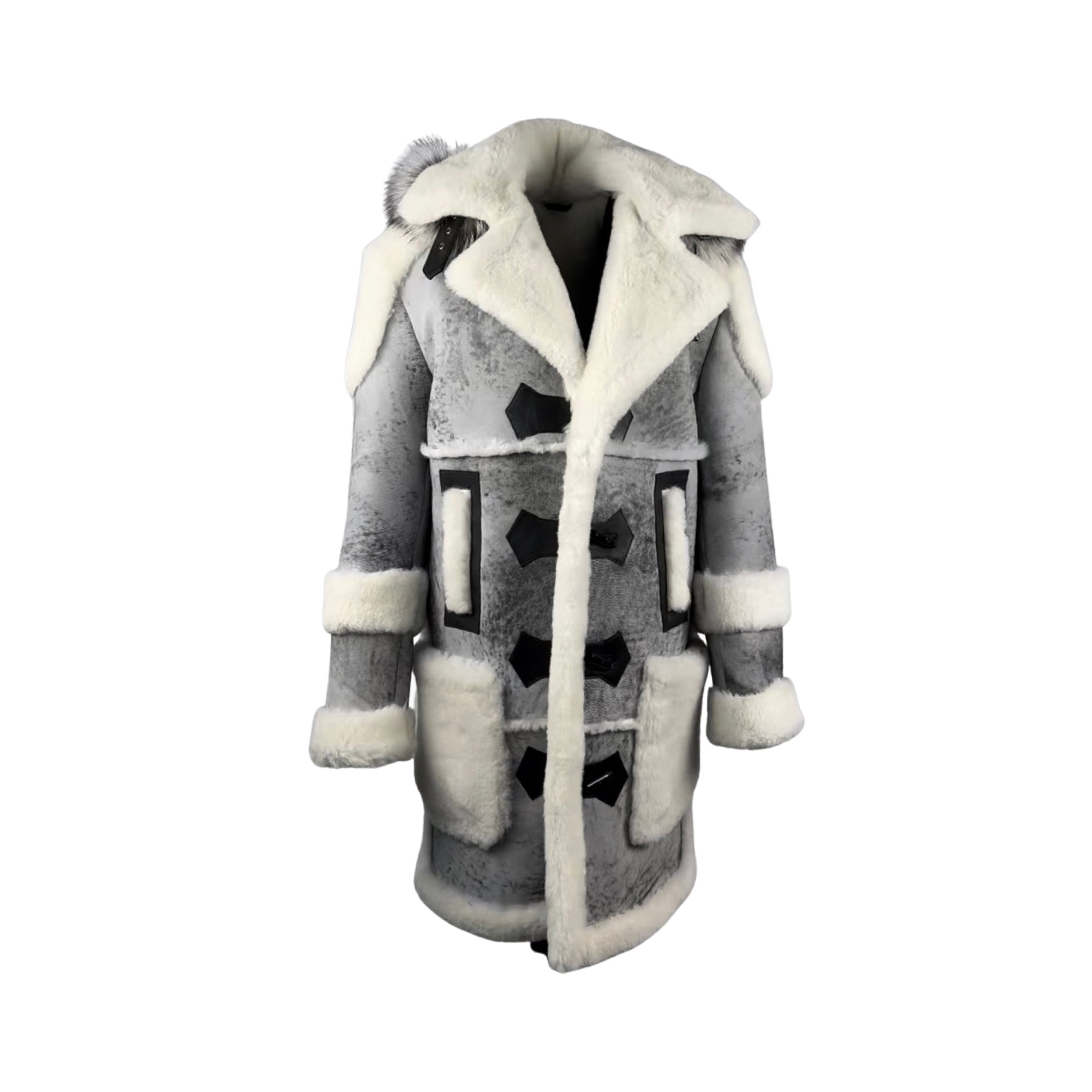 Men's Distressed White Hooded Sheepskin Coat Style # 8030